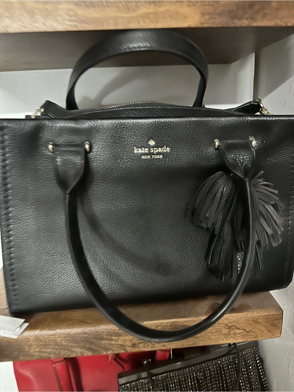 kate spade Black Leather Satchel with Tassel Accent